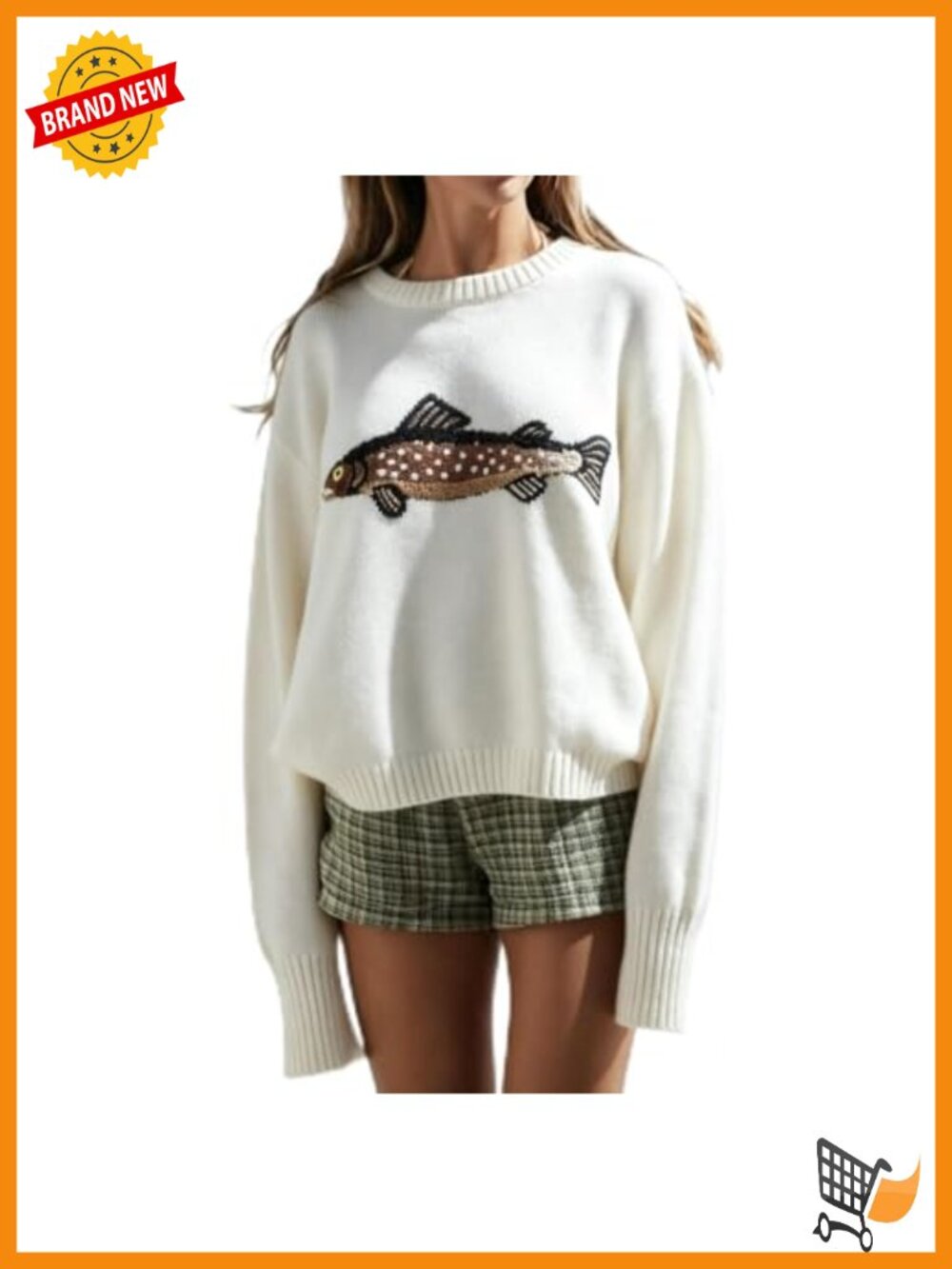 Crochet Chunky Fish Graphic Sweater Vintage Cottagecore Oversized Pullover